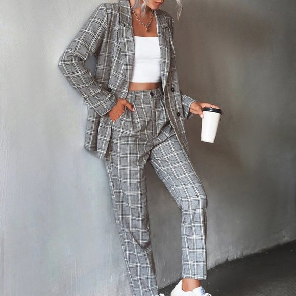Multi color Womens Plaid Double Breasted Blazer And Pants Set - Picture 1 of 3